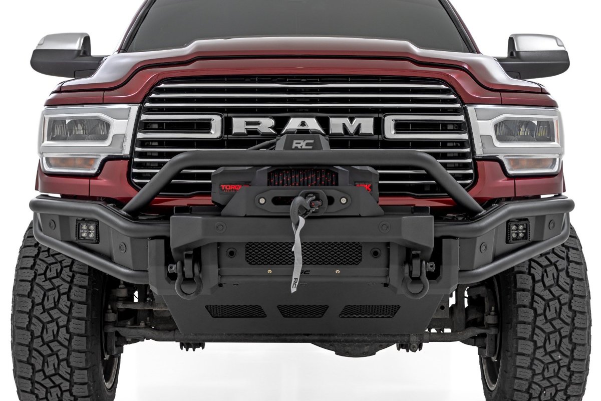 Ram 2500 Bumper - Front - Rough Country - Tubular, Winch Mount, Stinger Bar, Integrated Skid Plate, Light Bar Mount - Satin Black - '19-'26